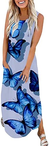 שמלת מקסי כותנה לנשים נשים קיץ קיץ אפוד שרוולים עגול צוואר עגול צבע פרפר שמלות קיץ ארוכות