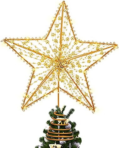 טוינדונה כוכב הזהב 1 PCS טופר עץ כוכב חג המולד, עץ חג המולד מואר טופר חרוזי חרוזים קישוט עץ חג המולד לחג המולד