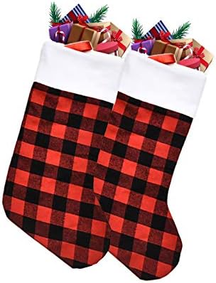 Ifoyo 2 חבילה גרבי חג המולד, חג המולד אדום שחור שחור גרביים משובצים, אח תלויים גרביים לחג המולד לחג