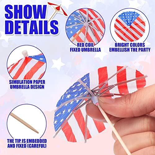 150 חתיכות מטריות משקה דגל אמריקאי 4 ביולי מטריות קוקטייל בוחרות קוקטייל קוקטייל קוקטייל מקלות שיניים מעץ