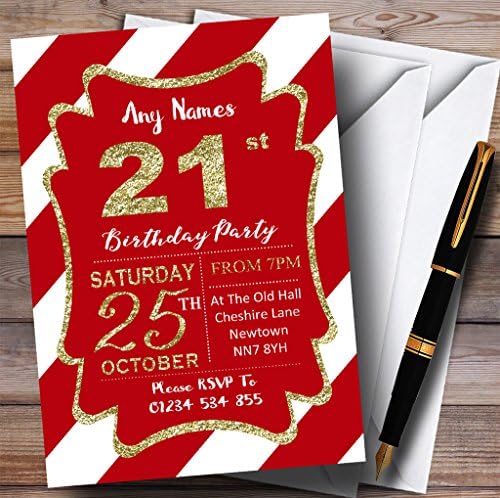 פסים אלכסוניים לבנים אדומים זהב 21 הזמנות למסיבת יום הולדת בהתאמה אישית