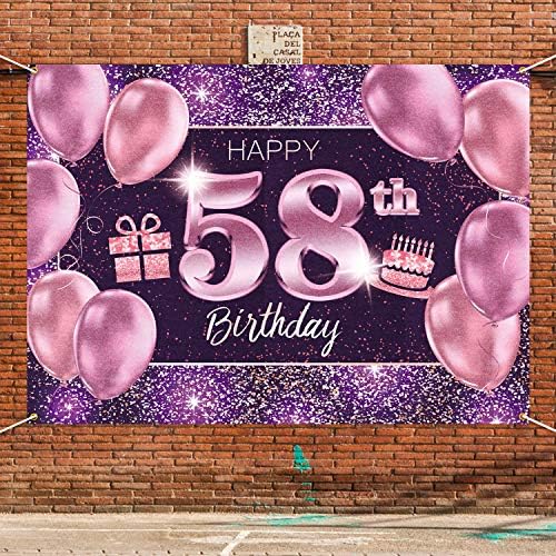 תפאורת באנר ליום הולדת 58 של פאקבום - 58 קישוטים למסיבות יום הולדת ציוד לנשים - זהב סגול ורוד 4 x 6ft
