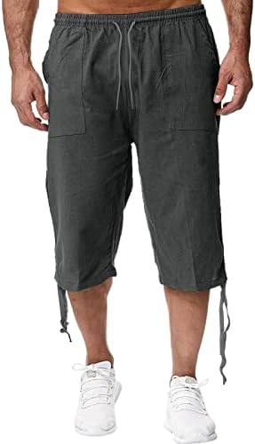 מכנסי פשתן כותנה של Meymia Mens אופנה צבע אחיד המותניים רופפים רופפים רגל מחורצים קצוצים בכיסים
