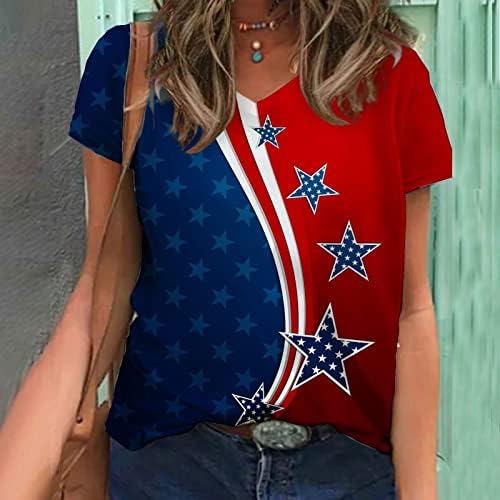 4 ביולי 2023 חולצות טשטורות לנשים דגל אמריקאי טופ נ 'צוואר טש חולצות שרוול קצר צמרות קיץ מזדמנים רופפות