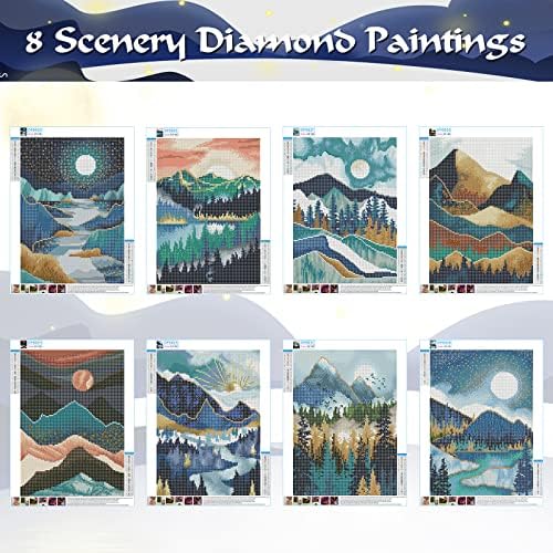 Zynery 8 חבילה ערכות ציור יהלומים למבוגרים, נוף הרים 5D ערכות ציור יהלומים לילדים ומתחילים, DIY מקדחה