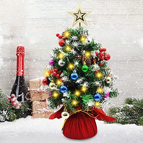 21 עץ חג המולד של שולחן השולחן, עץ חג המולד מלאכותי עם שלג עם חרוטים אורנים ובסיס יוטה, עם ערכת קישוט לקישוט