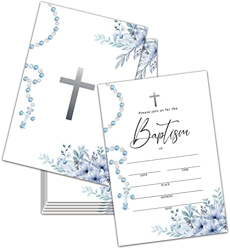 הזמנות טבילה עם מעטפות, מקלחת תינוקות פרחונית של בוהו מזמינה קלפים, פרח מחרוזת כחול ראשונה הזמנה,