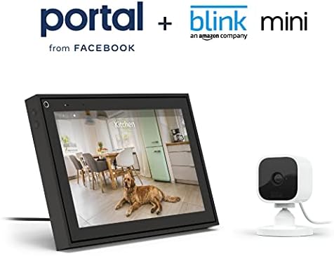 פורטל פייסבוק - שיחות וידאו חכמות 10 תצוגת מסך מגע עם Alexa - שחור עם Blink Mini - מצלמת אבטחה חכמה