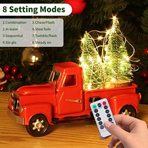 תפאורה של משאית חג המולד אדומה של Fowecelt, אורות מיתר LED וינטג 'דגם מכונית טנדר אדום עם 2 קישוטי עצי חג המולד