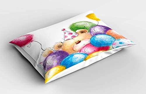 כרית יום הולדת של אמבסון בלאית, עיצוב ילדותי מצויר ביד צעצוע דובי צעצוע ובלונים צבעוניים הדפס, כרית