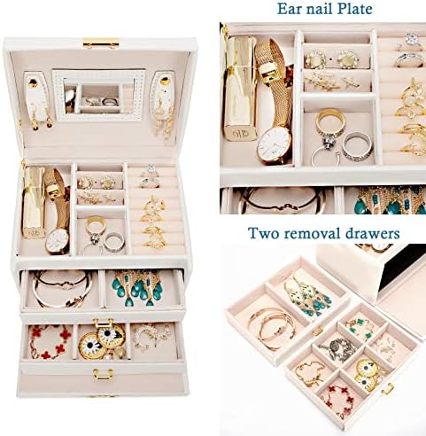 קופסאות תכשיטים של Hbhjuao לנשים, מארגן נסיעות תכשיטי עור בן 3 שכבות, מארז תכשיטי נסיעות עם מנעול
