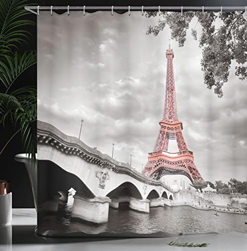 וילון מקלחת של אמבסון פריז, מגדל אייפל גשר בירה עיר ענף ענף סגנון מונוכרום הדפס תמונה, סט עיצוב
