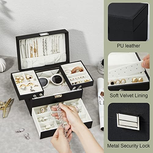 קופסת תכשיטים Buti4Wld, 3 שכבות קופסת מארגן תכשיטי עור גדולה לנשים, מארז תכשיטים מסוגנן ומאורגן היטב לעגילי חתיכים,