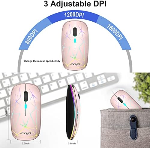 עכבר אלחוטי, 2.4 גרם עכבר RGB שקט אופטי נייד עם מקלט USB ומתאם מסוג C, 3 רמות DPI מתכווננות, עכבר