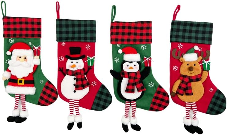 גרב חג המולד של נטובס 4 חבילה 20 אינץ 'גרבי חג המולד קלאסי קלאסי קלאסי גרביים גדולים עם סנטה, איש שלג, איילים,