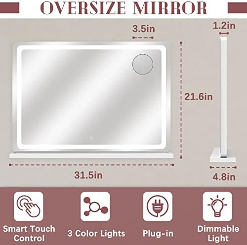 Rolove מראה יהירות עם אורות, מראה איפור LED בגודל 32 x 22 עם 3 מצבים לעומק 3, מראה יהירות גדולה
