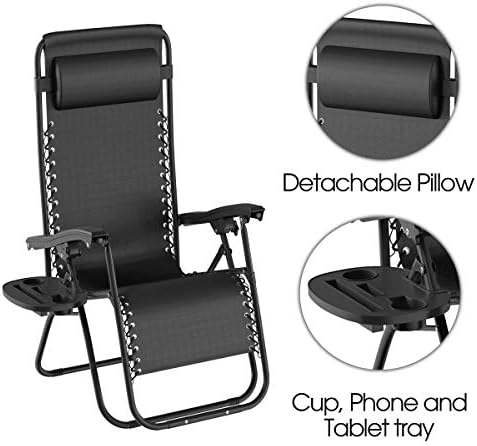 בית מפואר שחור אפס כיסאות כסאות של 2 שולחן כורסאות כביכול מתקפלות, מחזיק כוס וכרית-שכיבה חיצונית