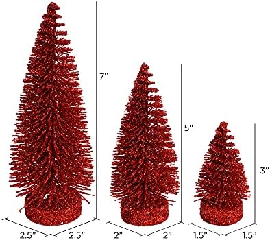 Vickerman 3 -5 -7 נצנצים אדומים אורן סגלגל עץ חג המולד מלאכותי, סט של 3 - סט עץ חג המולד דמוי - תפאורה ביתית