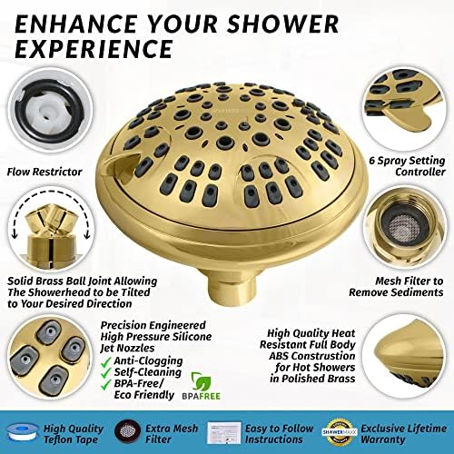מקלחת מקלחת מקלחת סדרת יוקרה ראש מקלחת, הגדרת ריסוס 6 אינץ ', מתקן ראש מקלחת בלחץ גבוה מתכווננת למים קשים,