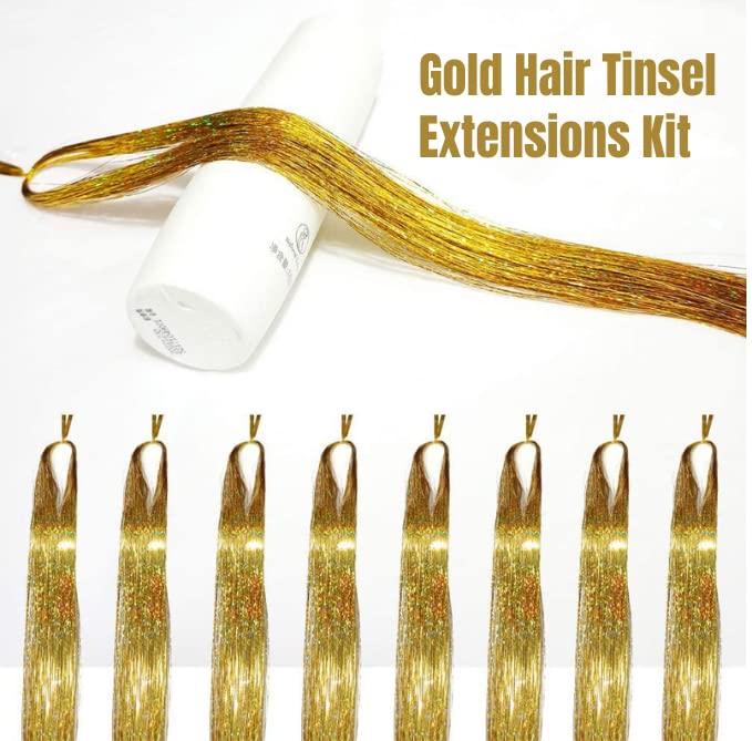 אוספרי זהב שיער טינסל הרחבות ערכת, 1500 גדילים-48 סנטימטרים עם כלים, זהב פיות שיער הרחבות