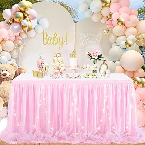 חצאית שולחן טול ורוד לשולחן מלבן 14 רגל טוטו ורוד בד שולחן חצאית שולחן לילדה מקלחת תינוקת יום הולדת