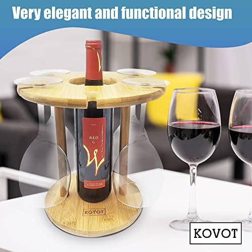 קובוט במבוק במבוק מתלה זכוכית יין - מחזיק 6 כוסות יין גזעיות ובקבוק יין אחד - מרכז שולחן שולחן עמיד ואמין -