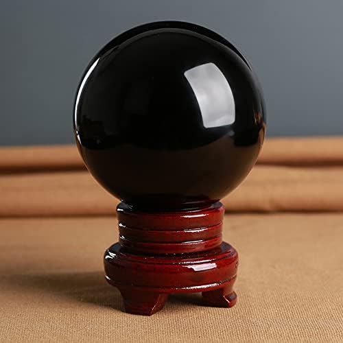 חובב כדורי כדור קריסטל שחור קטן שחור עם עמדת עץ דקורטיבית למדיטציה, ריפוי, פנג שואי