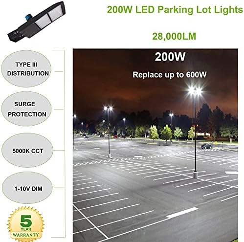 חניון LED אורות מוט 200 וולט, חיישן פוטו-תא של DUSK to Dawn, הגנת מתח מובנה, 1-10V DIM, 5000K,