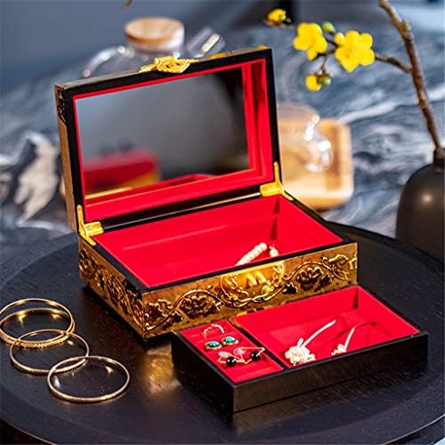 MMLLZEL בסגנון סיני קופסת תכשיטים מעץ אוצר מעץ קופסא אחסון אוצר אבק תכשיטים אבק תכשיטים עגילים קופסת
