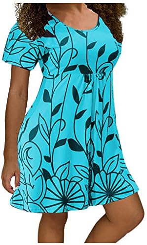 שמלות מזדמנות בגודל של נשים פלוס צוואר פרחוני קיץ שרוול קצר שרוול רופף שמלת טוניקה זורמת S-5xl