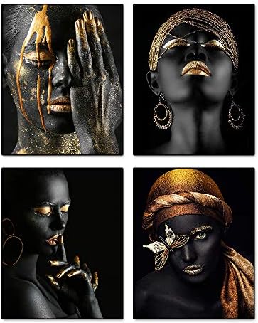 וורון אפריקאי אמריקאי אופנה פופ זהב עגילי שרשרת שחור אישה קיר אמנות ציור סט של 4 ספא אמבטיה די ילדה חדר פוסטר אמנות