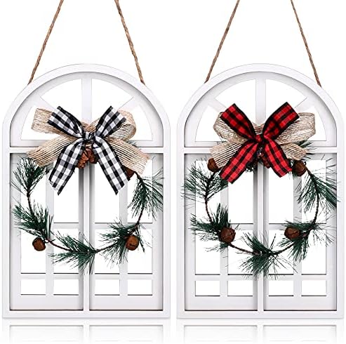 2 חלקים לחג המולד קישוטים תלויים מעץ כפרי חלון עץ עיצוב חלון חג המולד שלטי פלאק שלטי חג חג מולד קיר