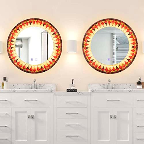 מראה חדר אמבטיה של צ'נדה LED עם אורות, 26 '' מראות מוארות עגולות לקיר אמבטיה, מראה יהירות אנטי ערפל עם