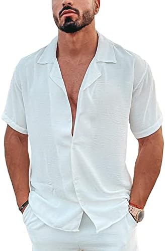 גברים בכושר רגוע כותנה פשתן חולצות קצר שרוול כפתור למטה חוף חולצה מזדמן קל משקל מוצק חג חולצה