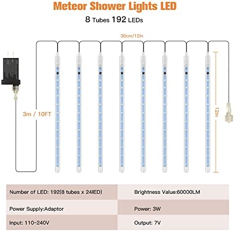 למטון מטאור מקלחת אורות חג מולד, אורות LED שלג 12 אינץ '8 צינור 192 LED אורות גשם אטומים למים