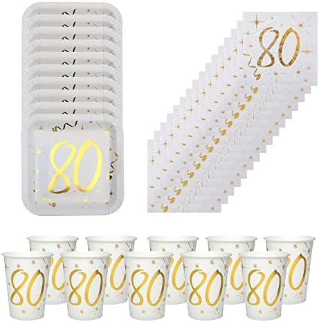 חבילת מסיבות יום הולדת 80 זהב עם צלחות מפיות וכוסות, כלי שולחן יום הולדת 80, קישוטים למסיבות 80, סט