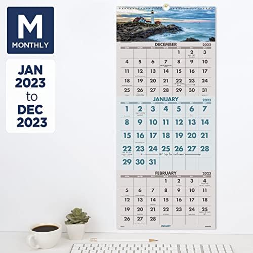 לוח שנה בקיר 2023, 12 x 27, גדול, ספירלה כבול, התייחסות לשלושה חודשים, נוף