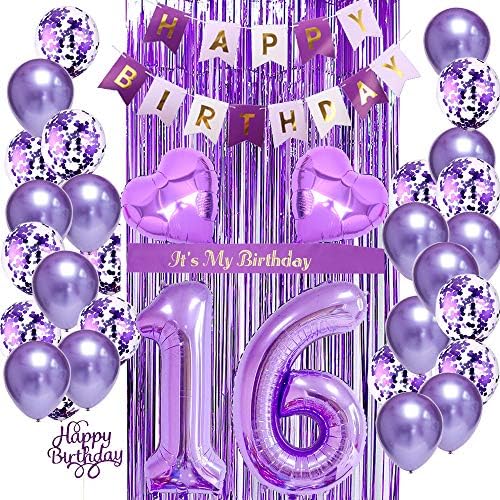 קישוטים ליום הולדת 16 לבנות, בלוני יום הולדת 16 סגולים, קישוטים ליום הולדת 16, בלונים סגולים, זה אבנט יום ההולדת