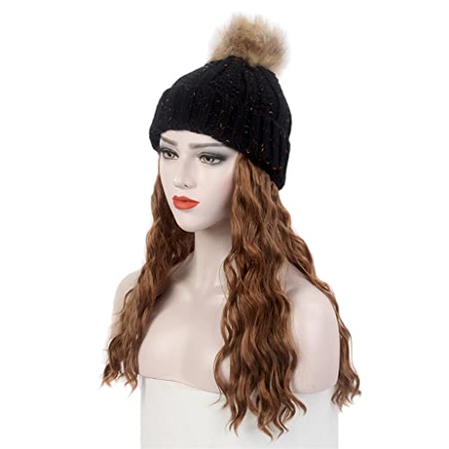 אופנה גבירותיי שיער כובע שחור סרוג כובע פאה ארוך מתולתל חום פאה וכובע