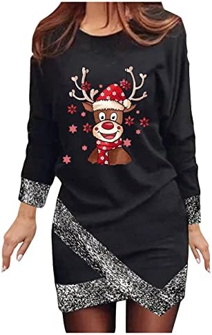 שמלות חג המולד של Pimoxv לנשים צוואר צווארון שרוול ארוך שוש חולצה שמלת נצנצים גליטר גליטר קם מיני Bodycon