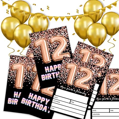 הזמנת יום הולדת 12 של Shlinco מסיבת יום הולדת זהב שחור נצנצים, 12 הזמנה ליום הולדת לבנות, חגיגת מסיבות,