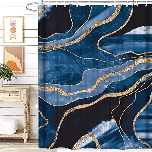 Abbesun Blue Marble וילון מערכות מקלחת עם ערכות שטיח 4 יח ', מערכות אמבטיה של קווי זהב עם מחצלת