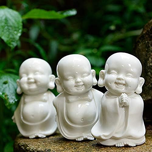 סט GFDJ של 3 קרמיקה צחוק בודהה פסל נזיר צלמיות חרסינה לבנה מלאכת תינוקות לבובות בובות קישוטי פסלונים איסוף מאושרים