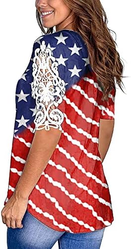 יום עצמאות נשים V צוואר חולצות טירטס דגל אמריקאי הדפס שרוול קצר שרוול סיבתי תחרה קיץ