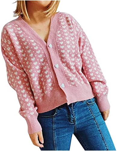 נשים סרוג מעיל קרדיגן אופנה הדפסת לב שרוול ארוך סוודר חולצות כפתור למטה חולצות יבול סרוג