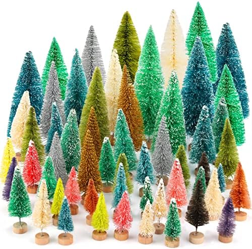 ONESTS 50 PCS מיני חג המולד, עצי מברשת בקבוקים עם בסיס מעץ מלא מלאכותי עץ חג מולד קטן 5 גדלים עץ אורן