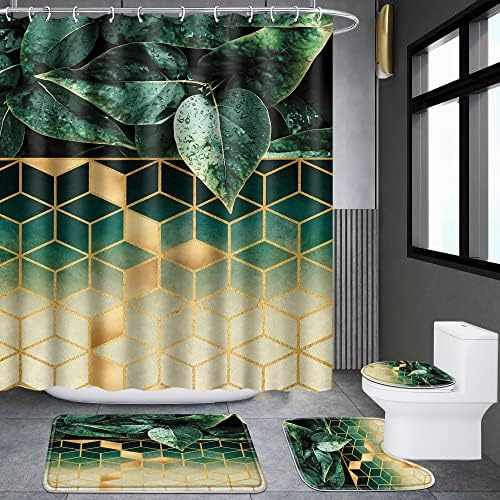 סט אמבטיה ירוק יוקיום עם וילון מקלחת ושטיחים, 4 קוביות וילון מקלחת אמבטיה עלים, כולל 71 '' x 71 '' וילון מקלחת