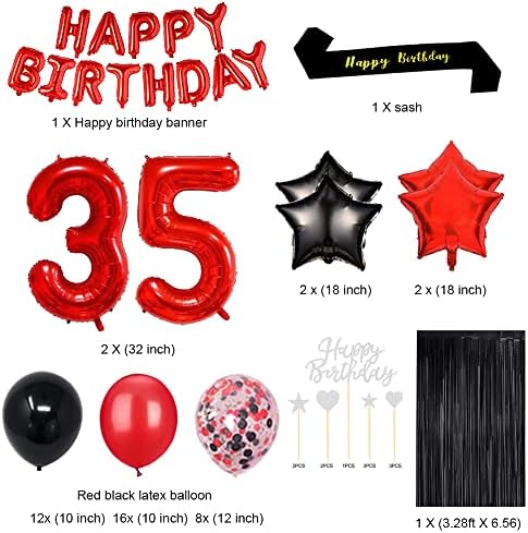 Fancypartyshop 35 קישוטי מסיבת יום הולדת 35 מספקים בלונים אדומים שחור מאוחר יותר עוגת יום הולדת שמח