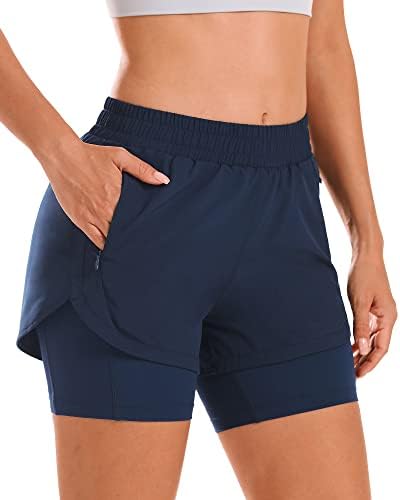 סטל נשים 2 ב -1 מכנסי ריצה קצרים במותניים גבוהות במותניים קצרים מכנסי כושר מכנסי כושר עם כיסי רוכסן אניה
