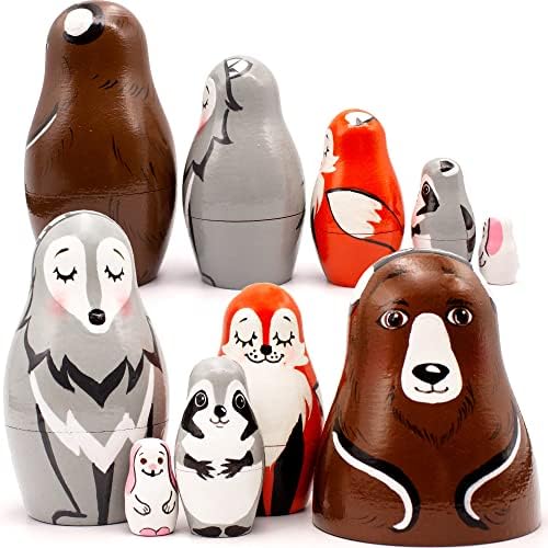 בובות קינון מעץ בעלי חיים 2 סטים של 5 יח ' - בובות רוסיות כגן חיות חמוד וכדמויות של בעלי חיים